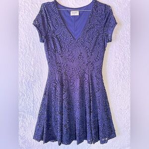 Everly Navy Blue Lace Skater Midi Party Dress V Neck Cap Sleeves Stretch Lined